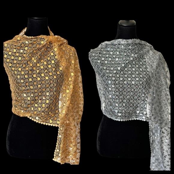 Sequin Open Weave Scarf Evening Shawl Gold Silver - Picture 9 of 15